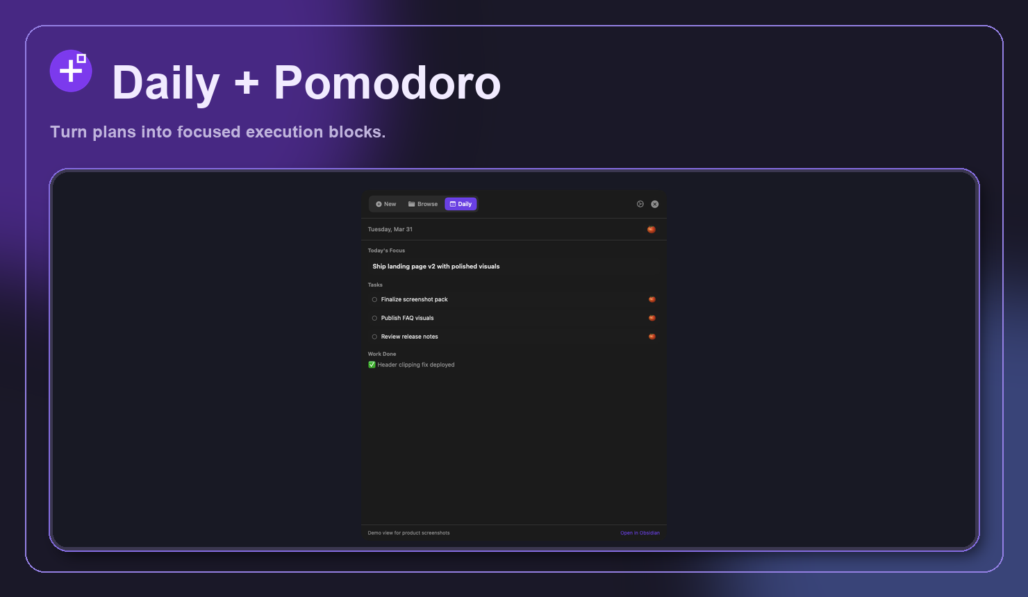 Feature visual for daily workflow and pomodoro