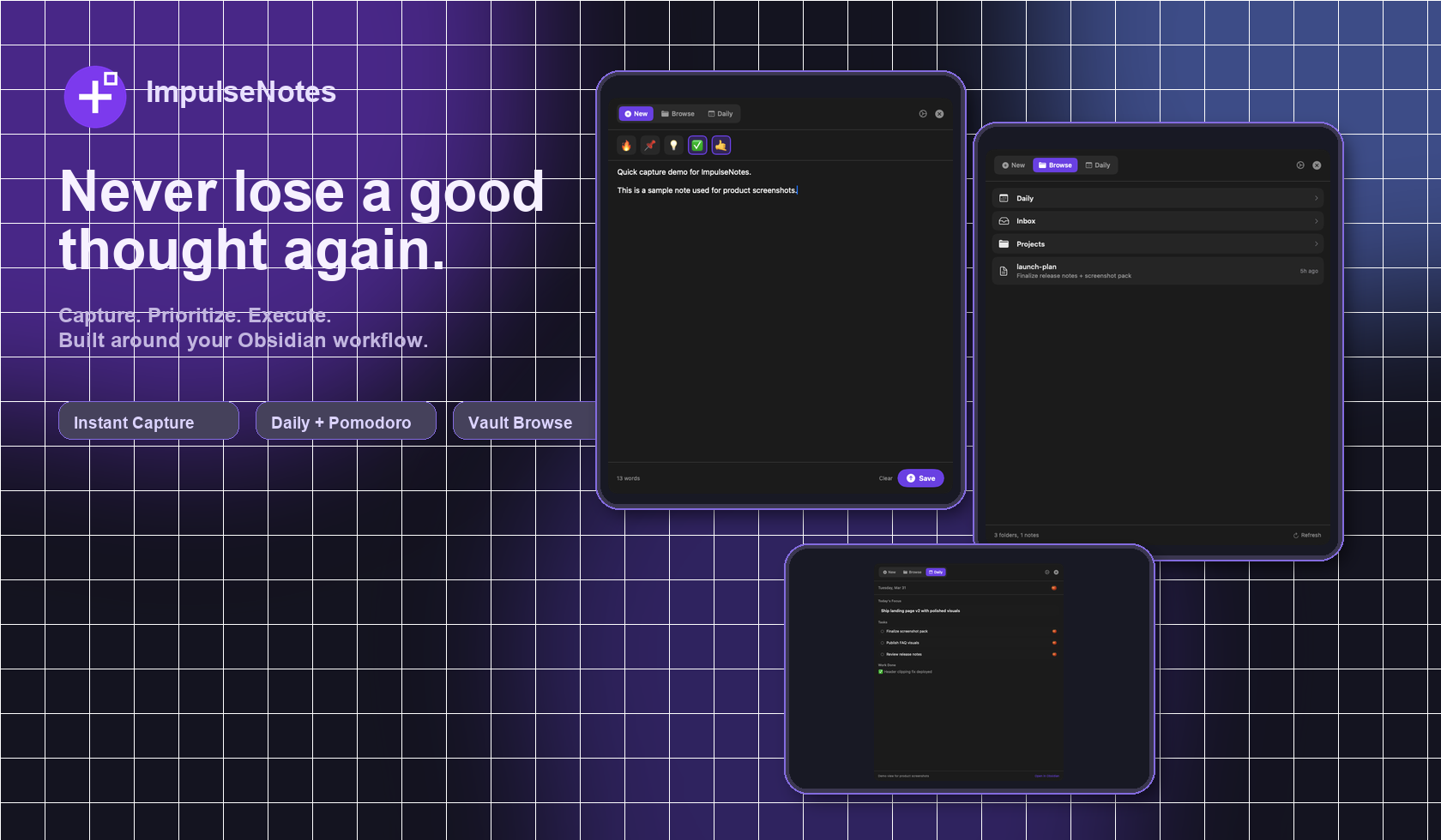 ImpulseNotes hero showcase in Obsidian-inspired style